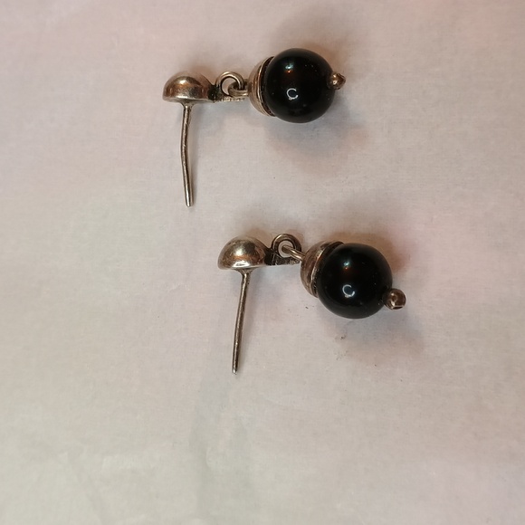 Black and Silver small Ball drop earrings pierced ears 925 Sterling silver - Picture 5 of 6